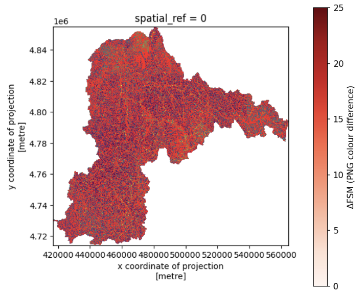 Flood susceptibility map with red areas highlighting where the improved model differs from the baseline.