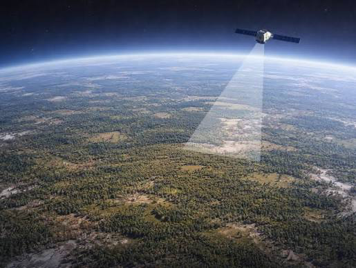 A satellite in orbit scanning forested land below, with the curve of the Earth and the atmosphere visible behind it